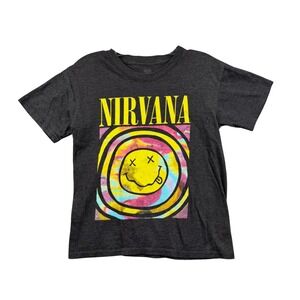 Nirvana Graphic T-Shirt Charcoal Grey Smiley Face Band Tee XS